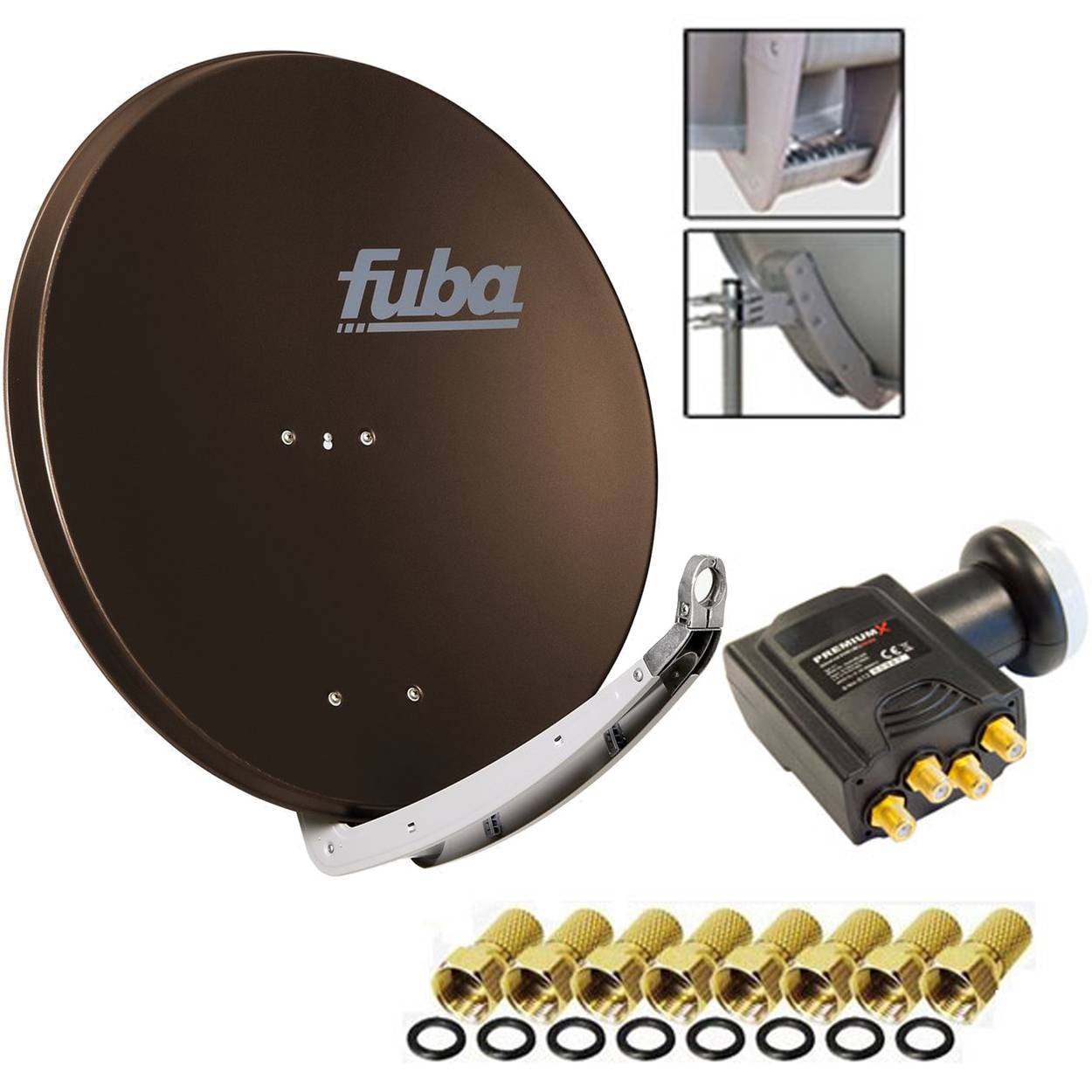 Fuba DAA 850 Digital Sat Schüssel Braun 85x85cm Deluxe LNB Quad Premium X Direktanschluss von 4 Teilnehmer 8x F-Stecker