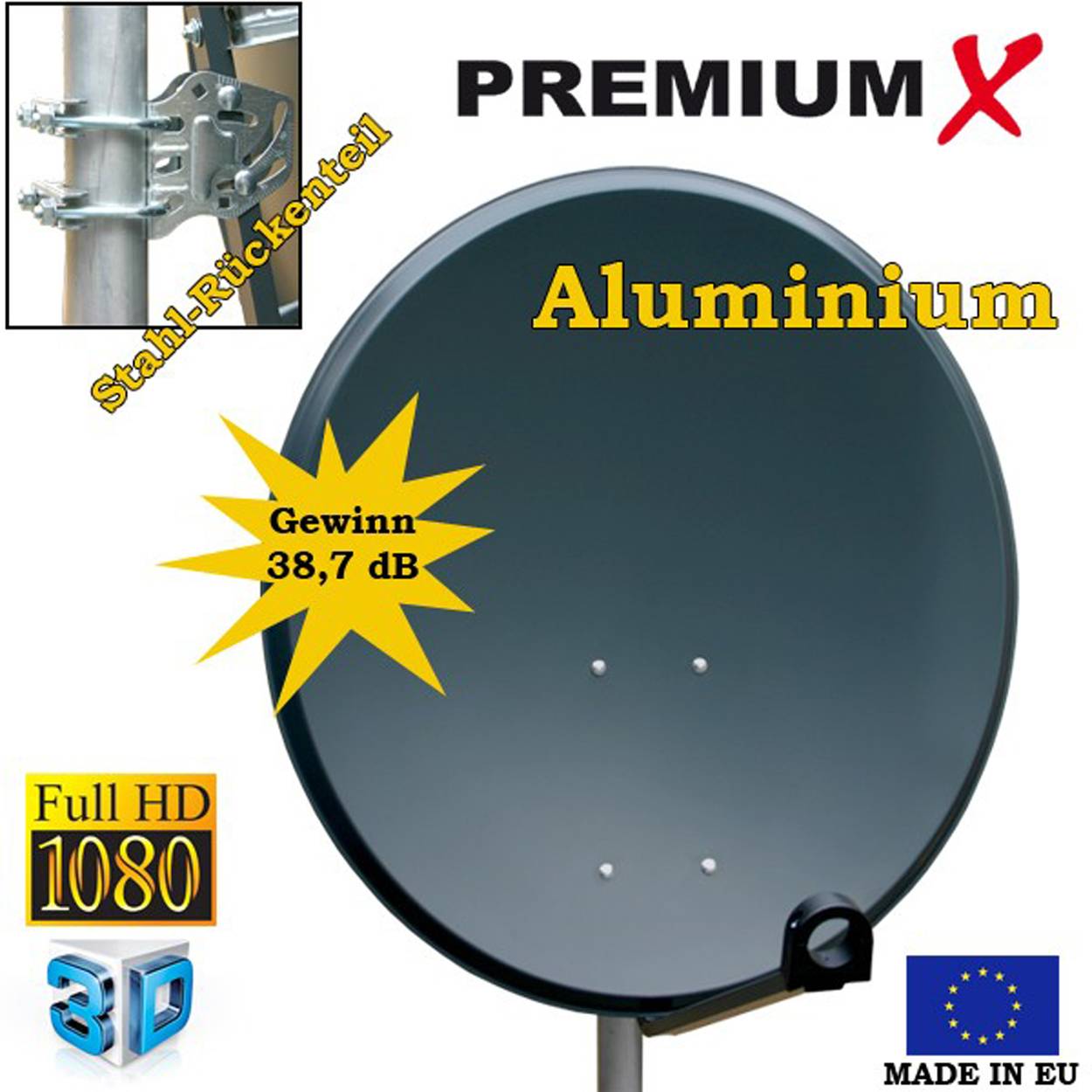 PremiumX Camping Satelliten-Komplettanlage 60cm Satellitenschüssel Aluminium SAT Single LNB Dreibein-Stativ