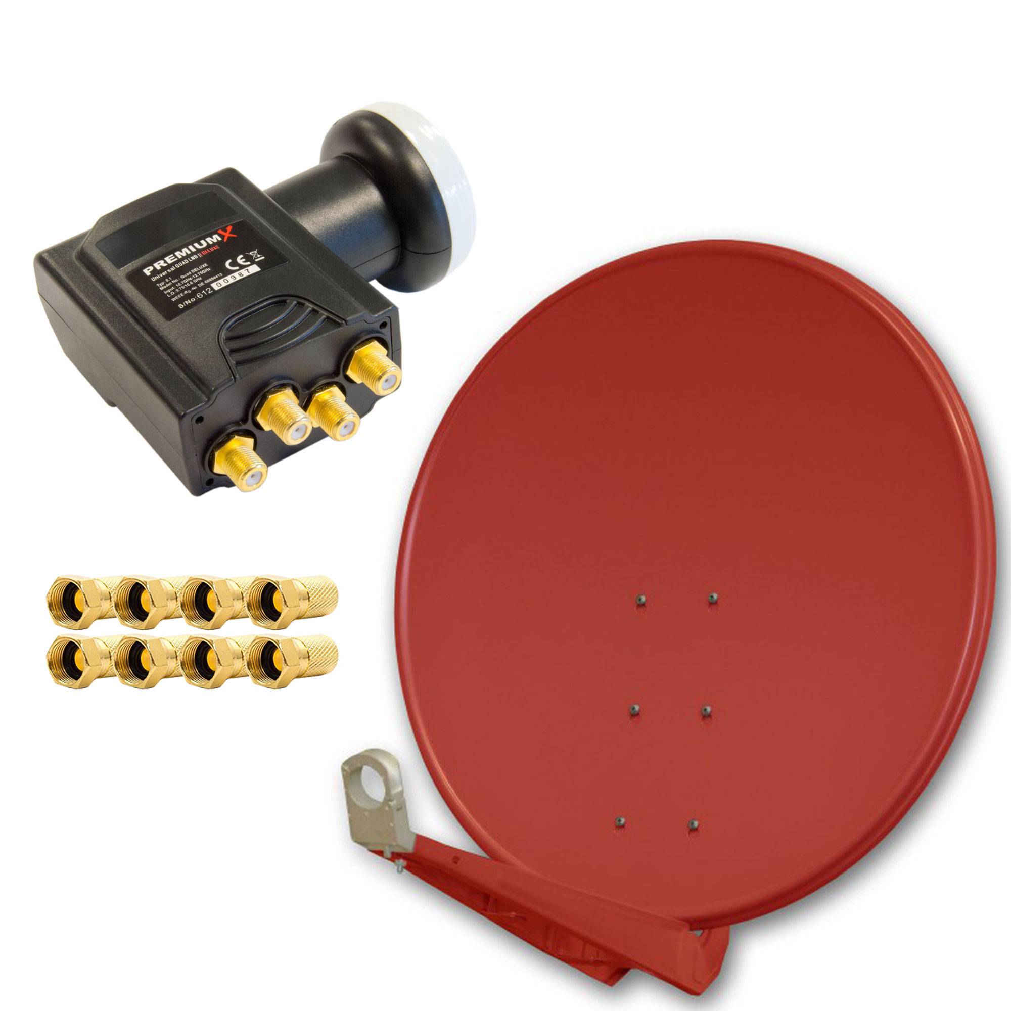 PremiumX DELUXE100 Aluminium 100cm Digital SAT Schüssel Spiegel in Ziegelrot für HDTV HD + DELUXE Quad LNB Quattro Switch + 8x F-Stecker