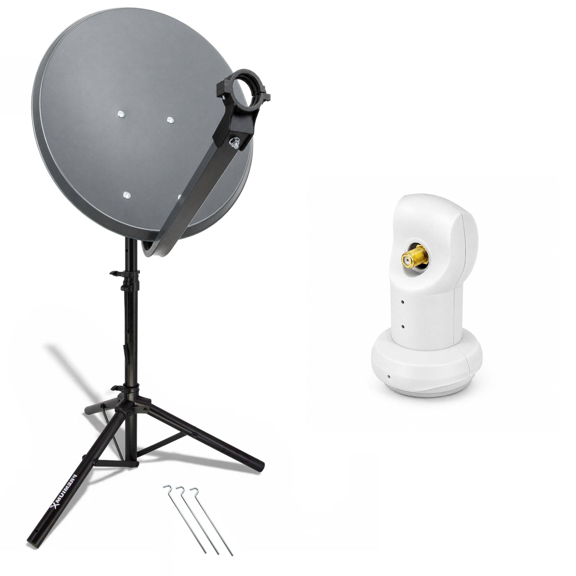 PremiumX Camping Satelliten-Komplettanlage 60cm Satellitenschüssel SAT Single LNB Dreibein Stativ 3x Stahl-Heringe