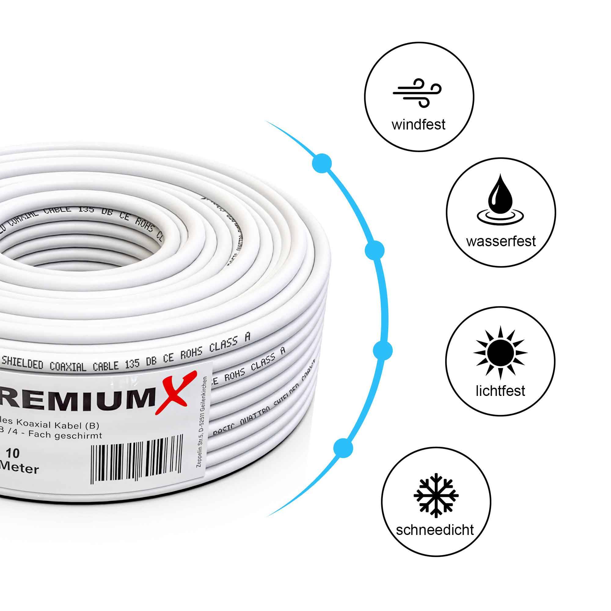 PremiumX 10m BASIC Koaxialkabel 135dB 4-fach SAT Antennenkabel Koax-Kabel DVB-S / S2 DVB-C DVB-T BK Anlagen 4x F-Stecker