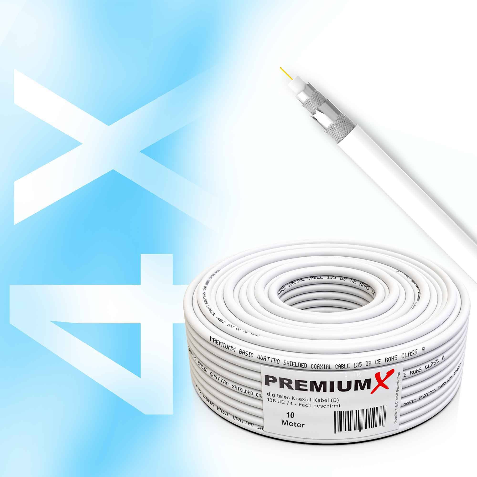 PremiumX 10m BASIC Koaxialkabel 135dB 4-fach geschirmt CCS Kupfer-Stahl Koax-Kabel RG6 SAT TV Antennenkabel