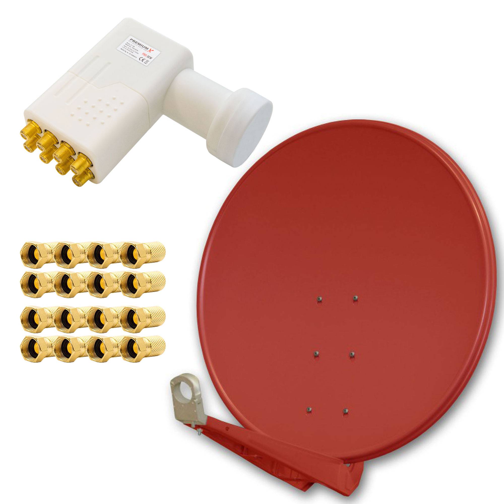 PremiumX DELUXE100 Aluminium 100cm Digital SAT Schüssel Spiegel in Ziegelrot für HDTV HD+ 3D + LNB Octo WE 0,1 dB PXO-08 zum Direktanschluss von 8
