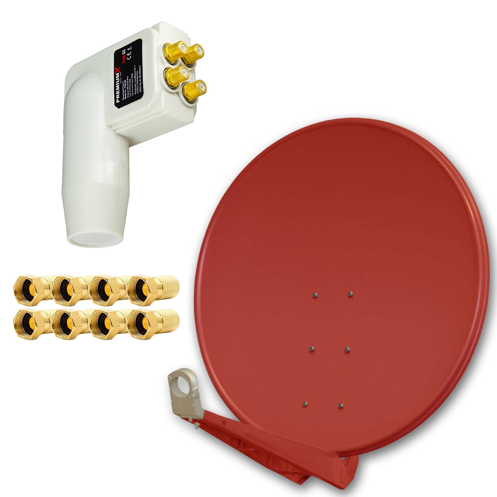 PremiumX DELUXE SAT Anlage für 4 Teilnehmer 100cm Satellitenantenne ALU Ziegelrot mit Quad LNB inkl. 8x F-Stecker