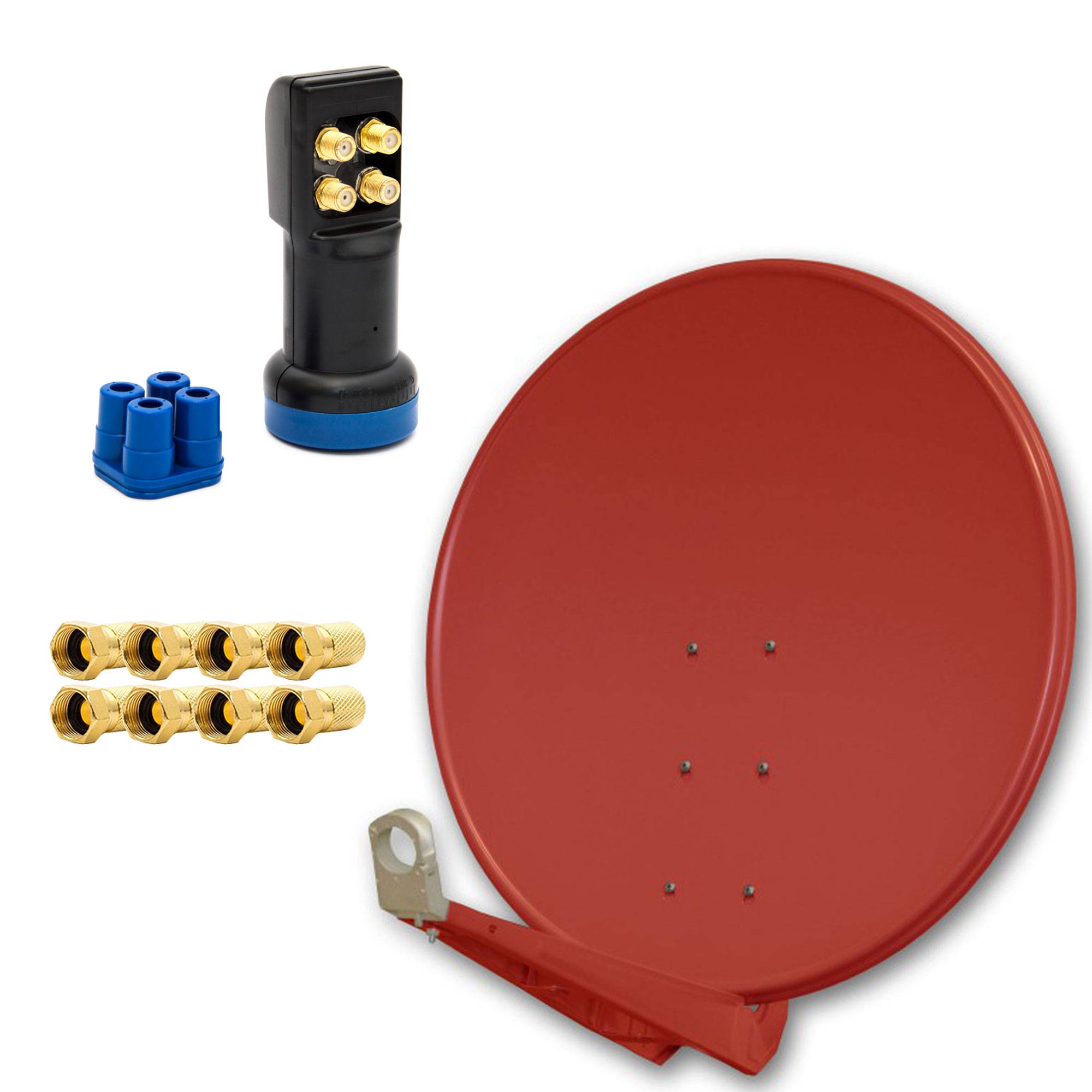 PremiumX DELUXE SAT Anlage bis 4 TV Receiver 100cm Satellitenantenne Aluminium Ziegelrot mit LED Quad LNB inkl. 8x F-Stecker