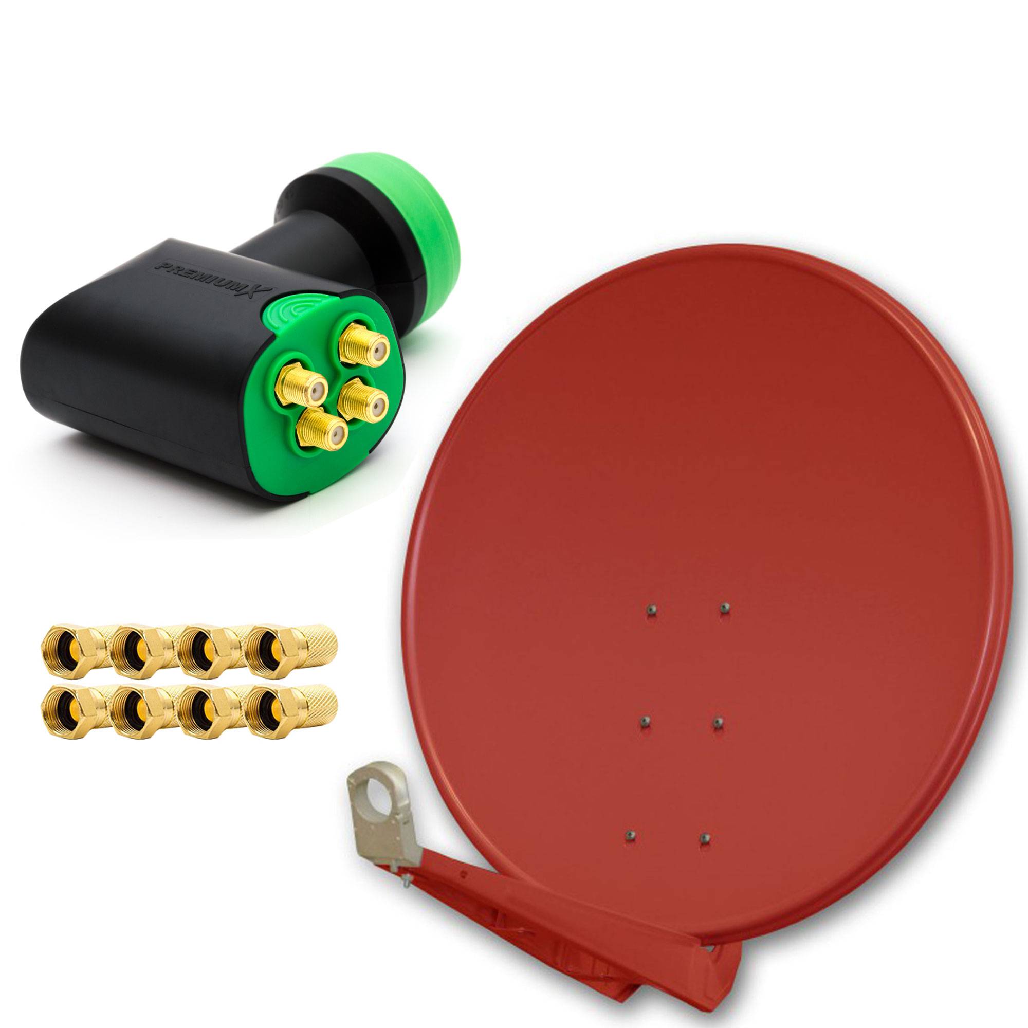 PremiumX DELUXE SAT Anlage für 4 Empfänger 100cm Satellitenantenne ALU Ziegelrot mit Green Diamond Quad LNB inkl. 8x F-Stecker