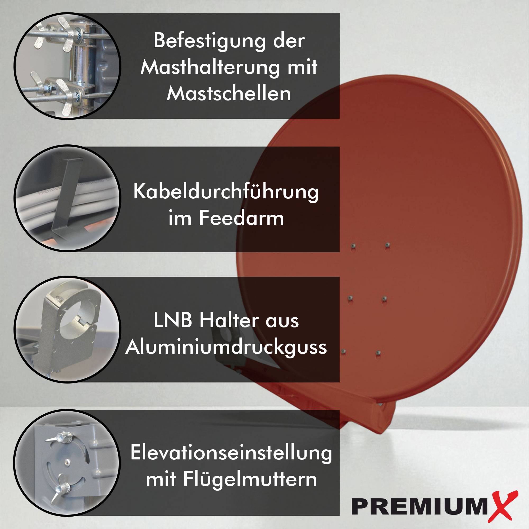 PremiumX DELUXE100 Satellitenschüssel 100 cm Sat Schüssel aus Aluminium in Ziegelrot Offset Satelliten Antenne FullHD 3D 4K Ultra HD