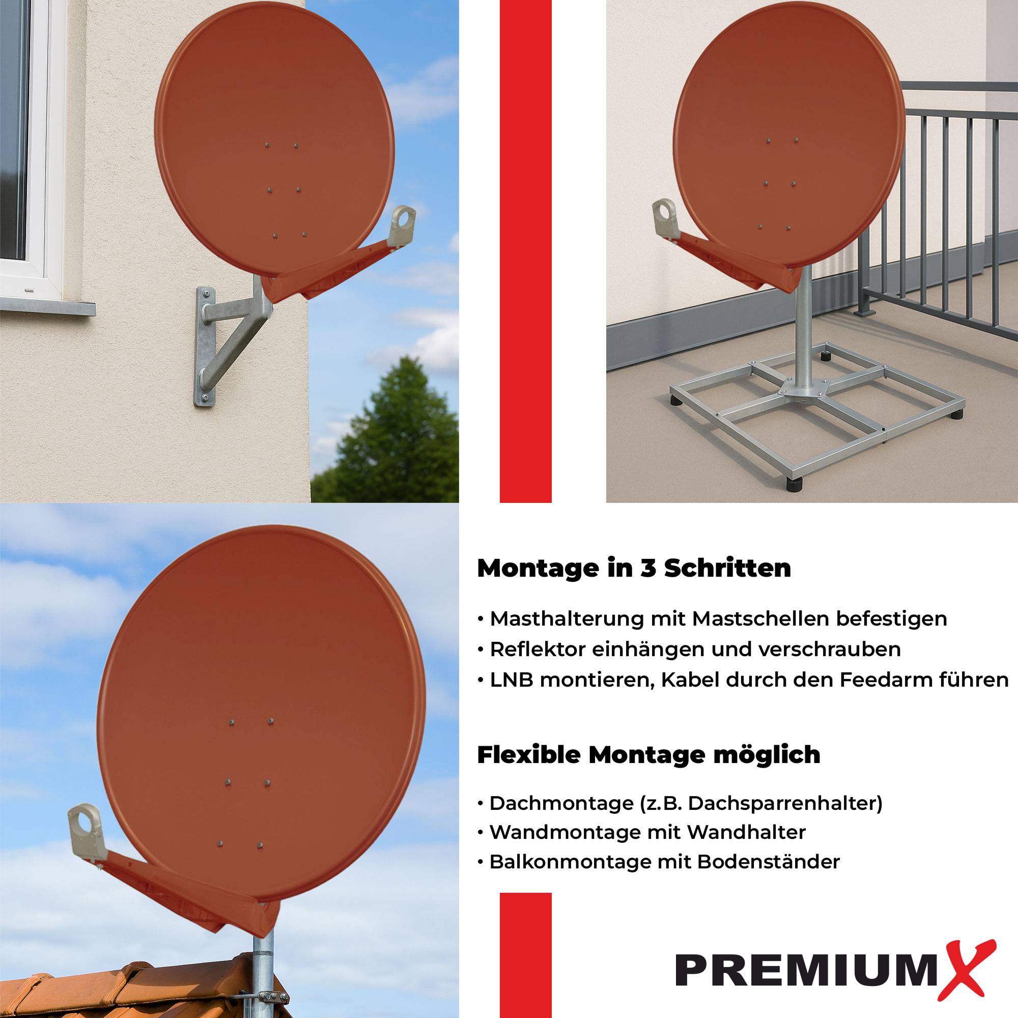 PremiumX DELUXE100 Satellitenschüssel 100 cm Sat Schüssel aus Aluminium in Ziegelrot Offset Satelliten Antenne FullHD 3D 4K Ultra HD
