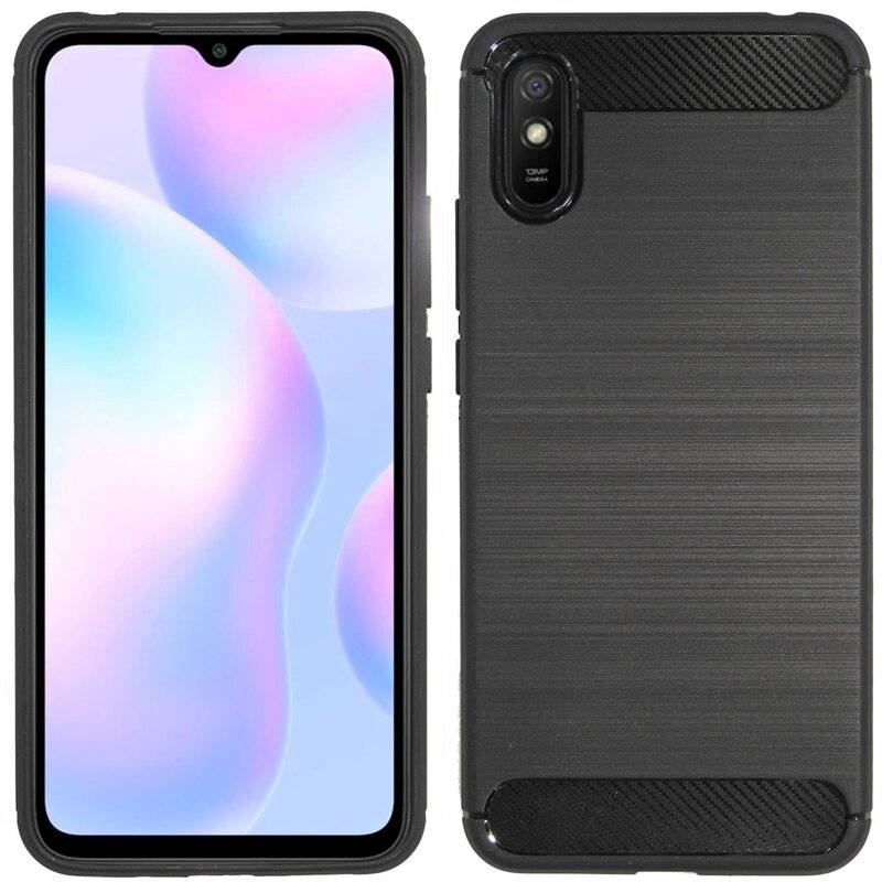 Silikon Hülle Carbon kompatibel mit XIAOMI REDMI 9A Case TPU Soft Handyhülle Cover Schutzhülle Schwarz