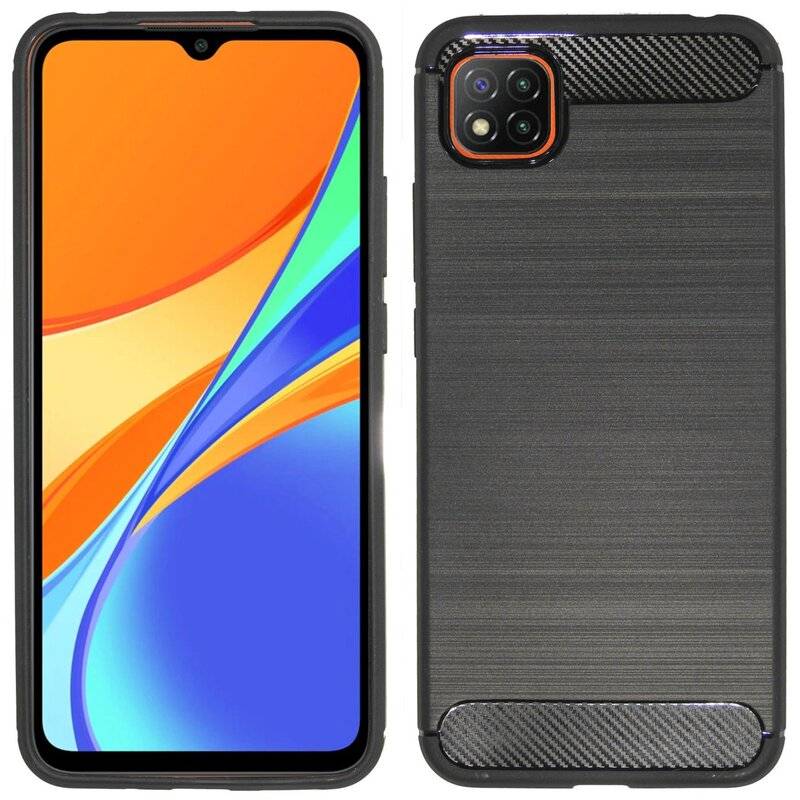 Silikon Hülle Carbon kompatibel mit XIAOMI REDMI 9C Case TPU Soft Handyhülle Cover Schutzhülle Schwarz