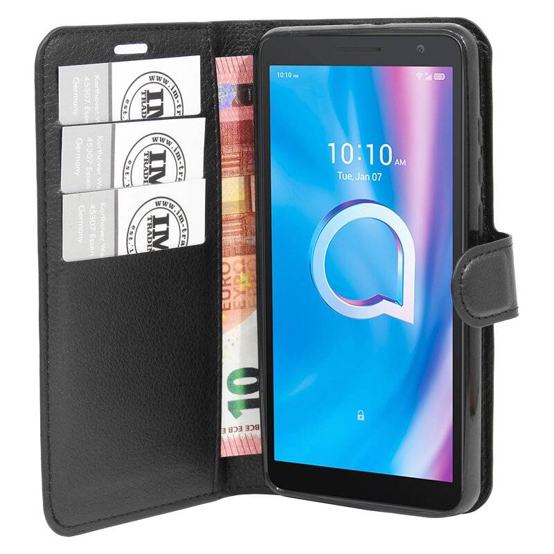 Buch Tasche "Fancy" Alcatel 1B ( 2020 ) Handy Hülle Etui Brieftasche Schutzhülle mit Standfunktion, Kartenfach Schwarz