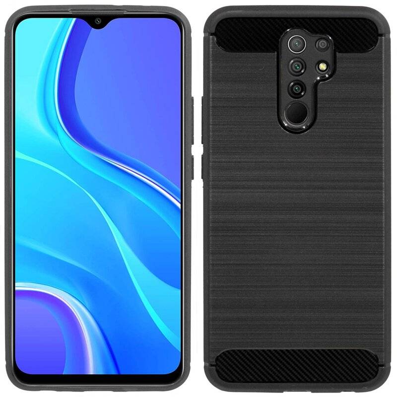 Silikon Hülle Carbon XIAOMI REDMI 9 Case TPU Soft Handyhülle Cover Schutzhülle Schwarz