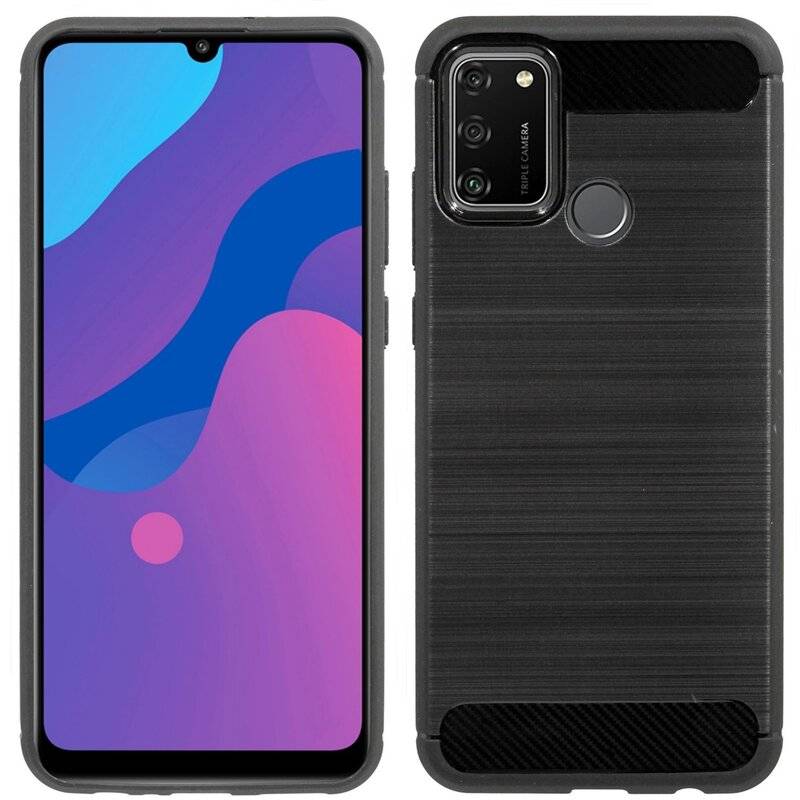 Silikon Hülle Bumper Carbon HONOR 9A Case TPU Soft Handyhülle Cover Schutzhülle Schwarz