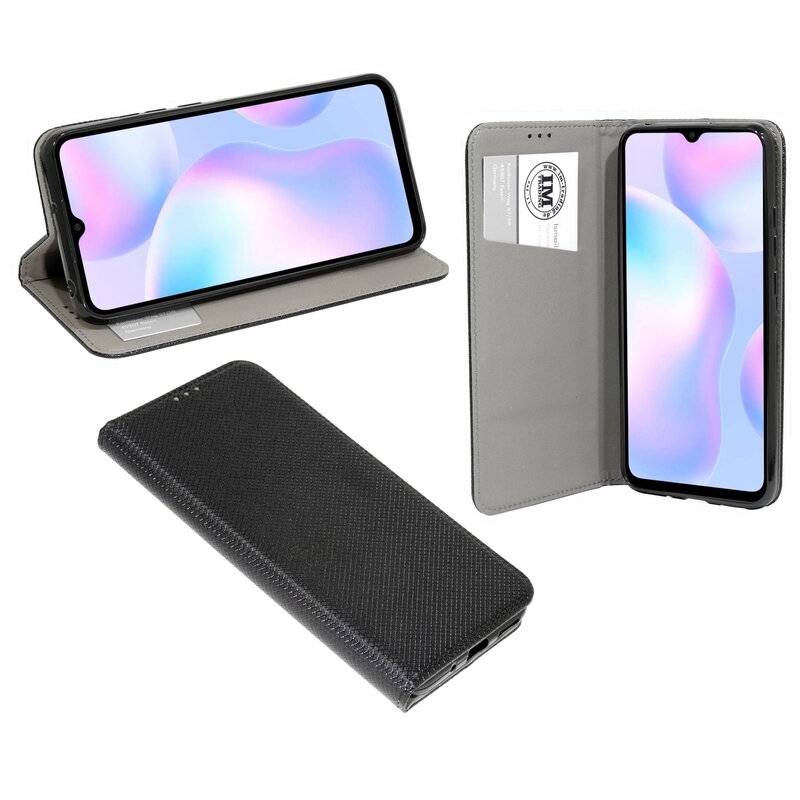 Buch Tasche "Smart" XIAOMI REDMI 9A Handy Hülle Schutzhülle mit Standfunktion, Kartenfach Schwarz