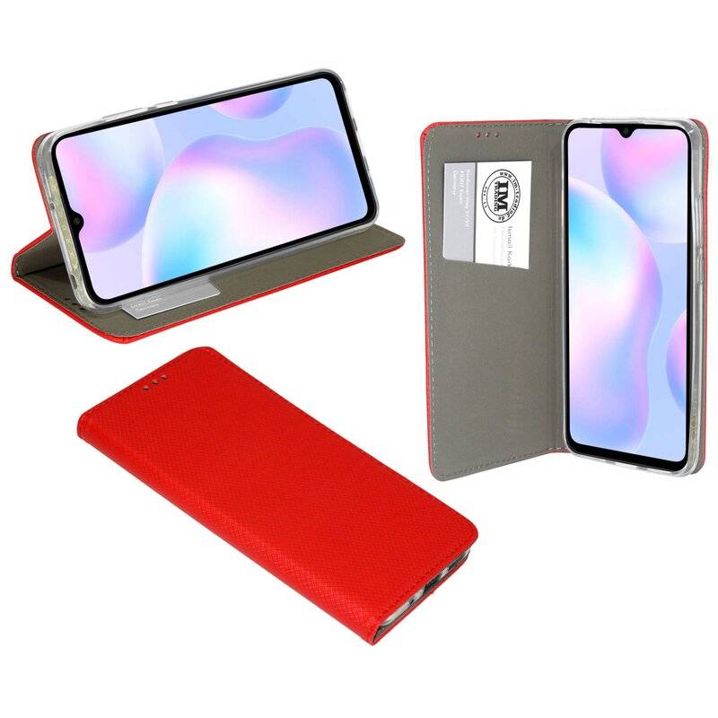 Buch Tasche "Smart" XIAOMI REDMI 9A Handy Hülle Schutzhülle mit Standfunktion, Kartenfach Rot