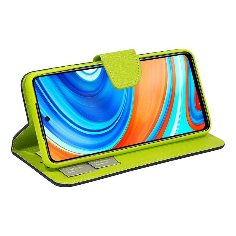 Buch Tasche "Fancy" XIAOMI REDMI NOTE 9S Handy Hülle Schutzhülle mit Standfunktion, Kartenfach Blau-Grün