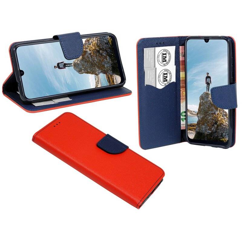 Buch Tasche "Fancy" SAMSUNG GALAXY M21 (M215F) Handy Hülle Schutzhülle mit Standfunktion, Kartenfach Rot-Blau