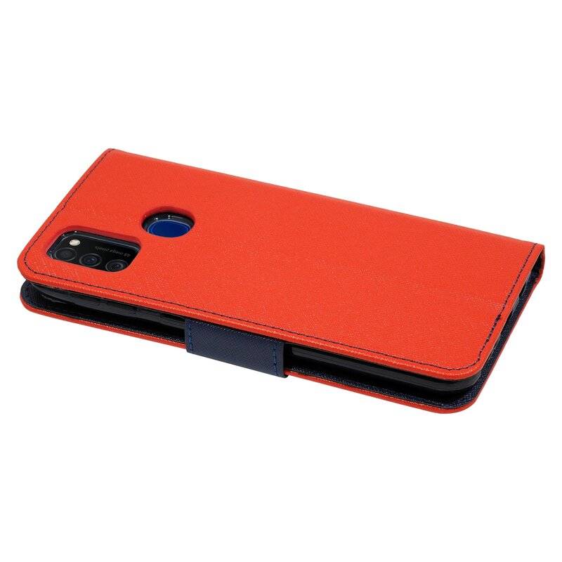 Buch Tasche "Fancy" SAMSUNG GALAXY M21 (M215F) Handy Hülle Schutzhülle mit Standfunktion, Kartenfach Rot-Blau