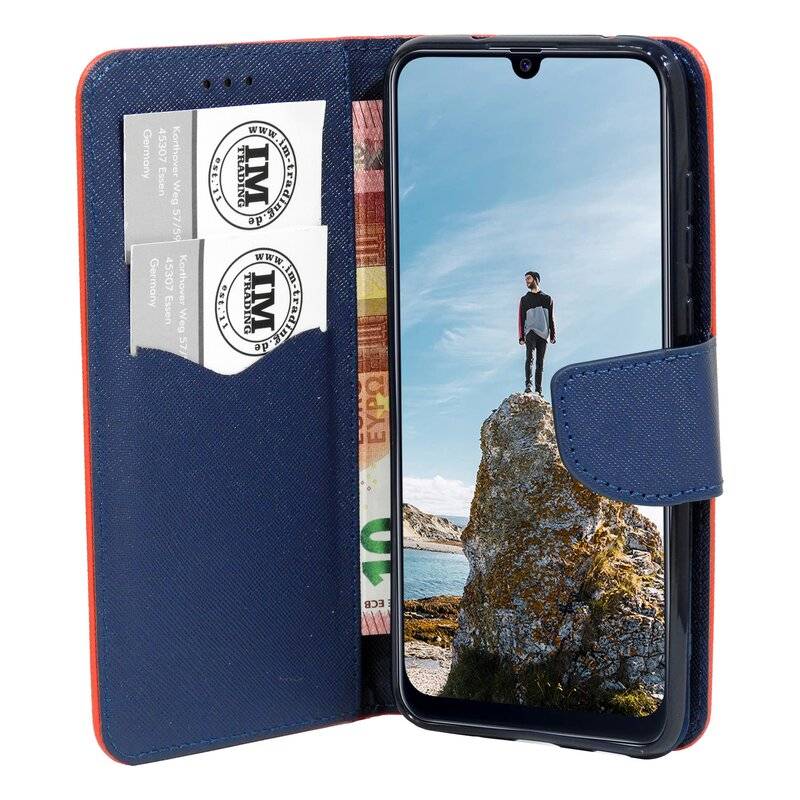 Buch Tasche "Fancy" SAMSUNG GALAXY M21 (M215F) Handy Hülle Schutzhülle mit Standfunktion, Kartenfach Rot-Blau