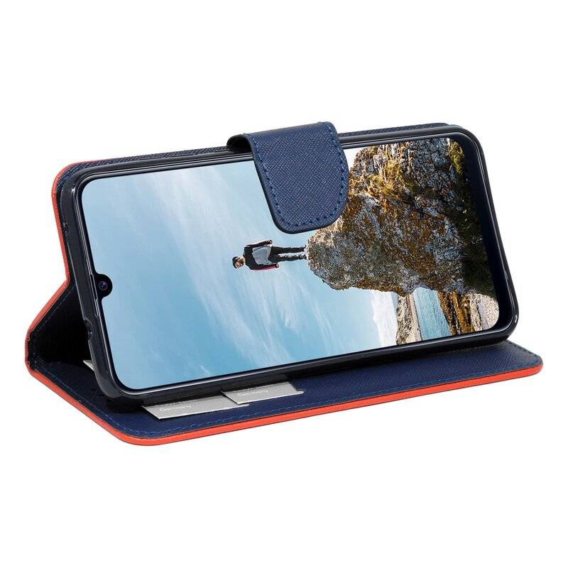 Buch Tasche "Fancy" SAMSUNG GALAXY M21 (M215F) Handy Hülle Schutzhülle mit Standfunktion, Kartenfach Rot-Blau