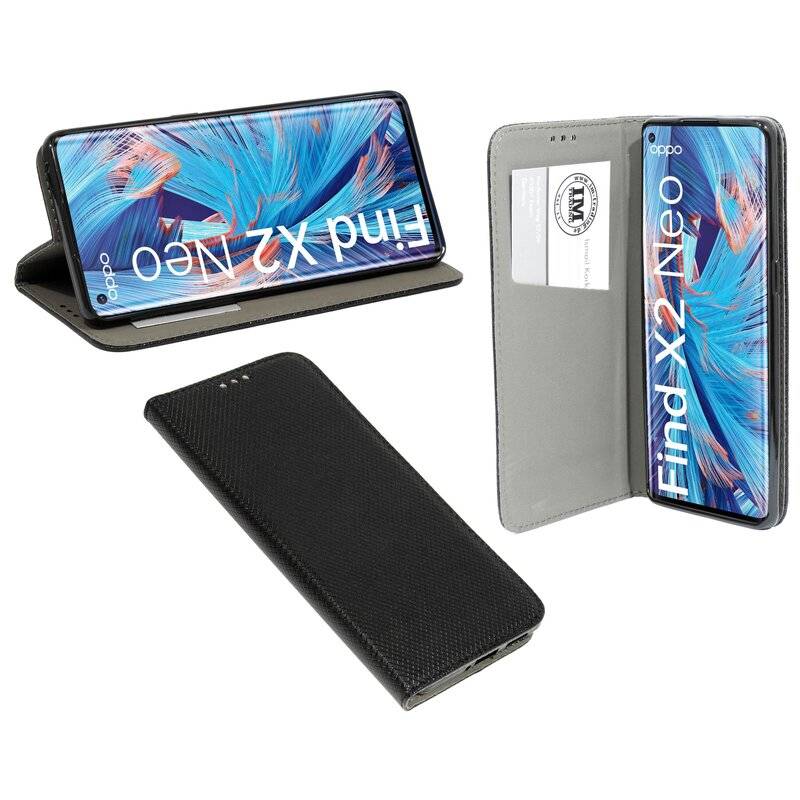 Buch Tasche "Smart" Oppo Find X2 Neo Handy Hülle Schutzhülle mit Standfunktion, Kartenfach Schwarz