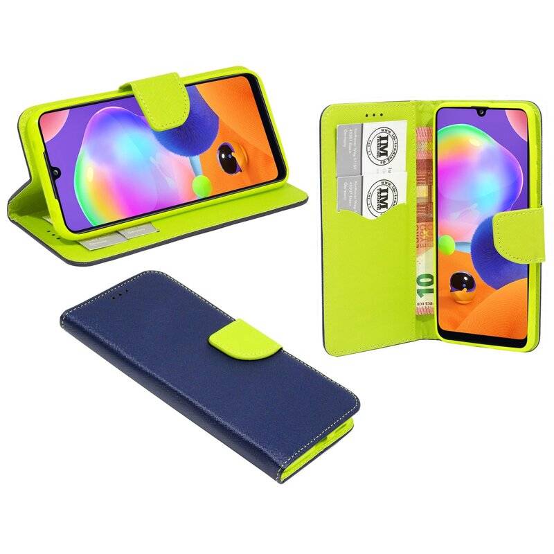 Buch Tasche "Fancy" SAMSUNG GALAXY A31 (A315F) Handy Hülle Schutzhülle mit Standfunktion, Kartenfach Blau-Grün