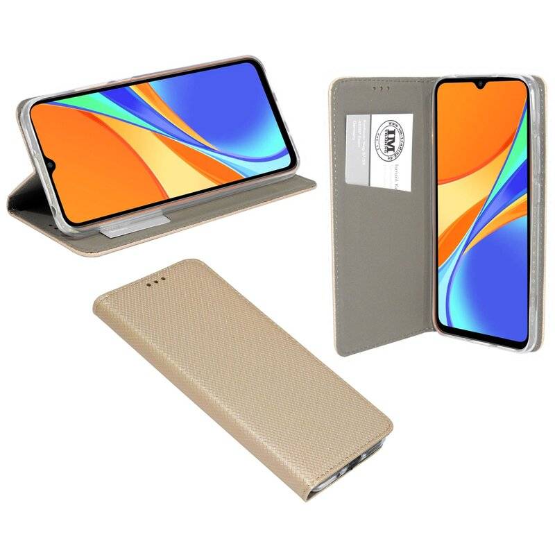 Buch Tasche "Smart" XIAOMI REDMI 9C Handy Hülle Schutzhülle mit Standfunktion, Kartenfach Gold