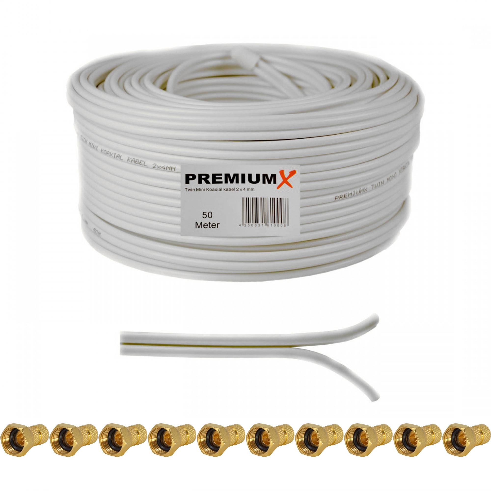 PremiumX 50m Sat Koaxial Kabel 90dB Twin Mini 2x 4mm Weiß Antennenkabel extra dünn 4K inkl. 10x F-Stecker