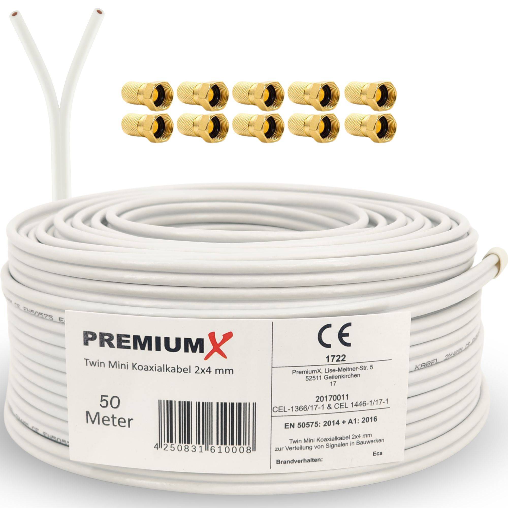 PremiumX 50m Sat Koaxial Kabel 90dB Twin Mini 2x 4mm Weiß Antennenkabel extra dünn 4K inkl. 10x F-Stecker