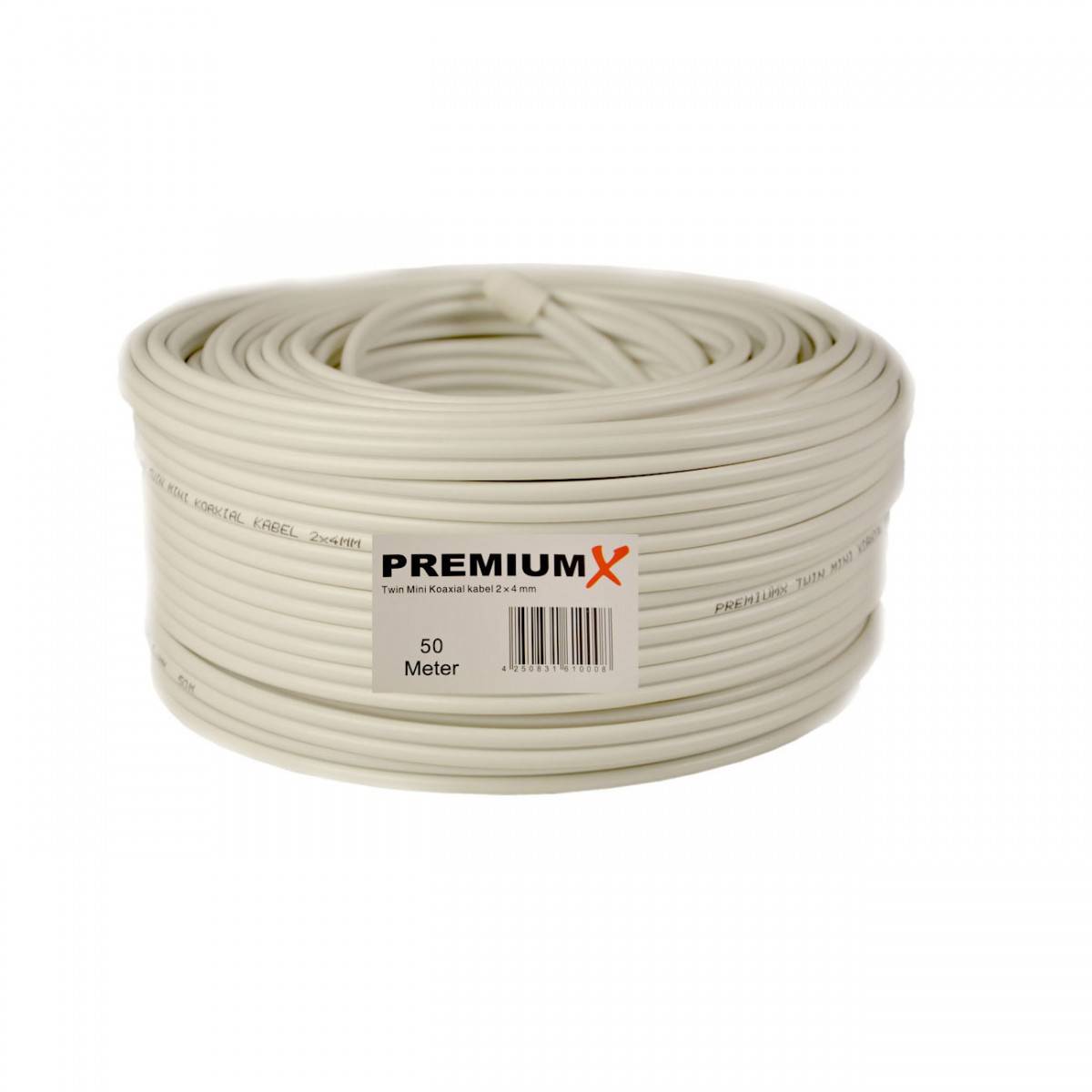 PremiumX 50m Sat Koaxial Kabel 90dB Twin Mini 2x 4mm Weiß Antennenkabel extra dünn 4K inkl. 10x F-Stecker
