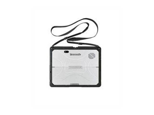 Tragbares Panasonic-Radio in Weiß und Schwarz mit einer Schlaufenschlaufe auf einfachem weißem Hintergrund.