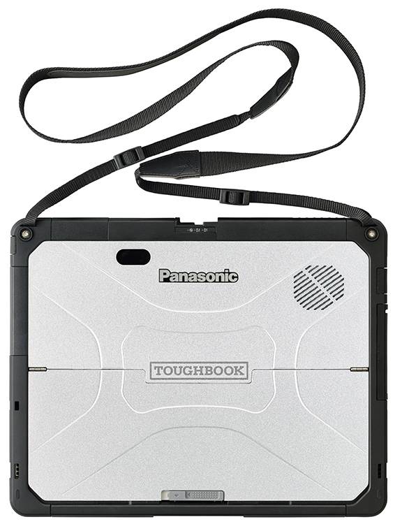 Panasonic Toughbook robustes Tablet-Computer mit Schultergurt, von hinten in geschlossenem Zustand gezeigt.
