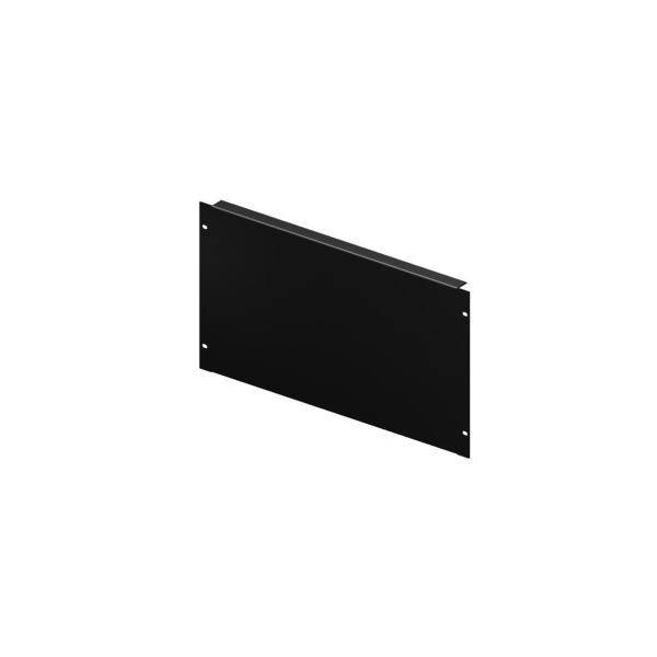Eine schwarze, flache, rechteckige Metallplatte mit Löchern in den Ecken, wahrscheinlich als Panel oder Abdeckung für elektronische Geräte verwendet.