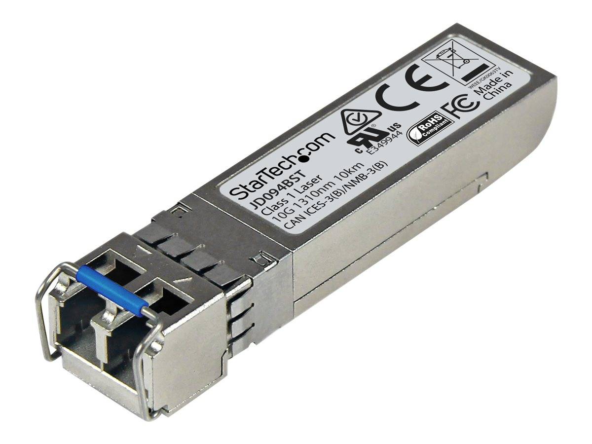 SFP-Glasfaserübertragungsmodul mit Metallgehäuse und blauem Verriegelungsmechanismus, mit StarTech.com-Beschriftung, auf weißem Hintergrund dargestellt.