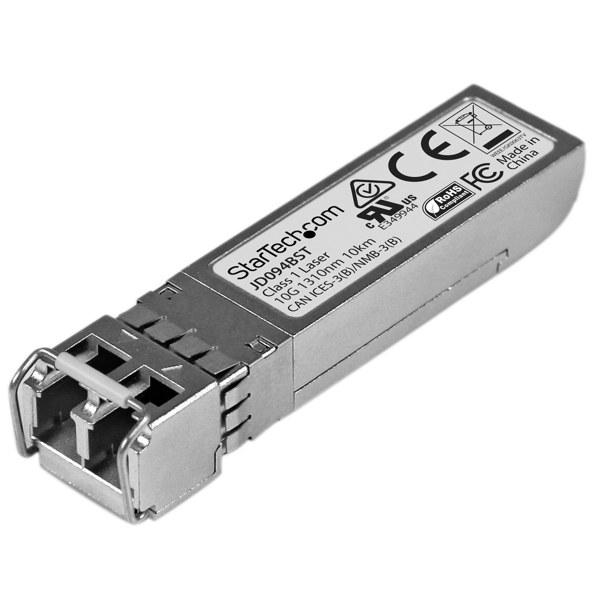 Metal StarTech.com 10GbE SFP+ Transceiver-Modul mit RJ-ähnlichem Stecker, isoliert auf weißem Hintergrund dargestellt.