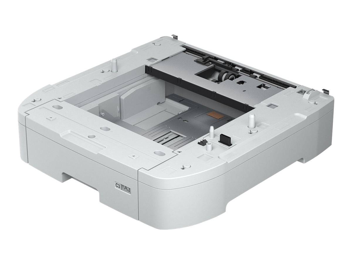 Graue Druckerpapierschublade oder Zuführungsgerät in Perspektive auf weißem Hintergrund dargestellt, mit offener Oberseite und sichtbaren inneren Walzen.