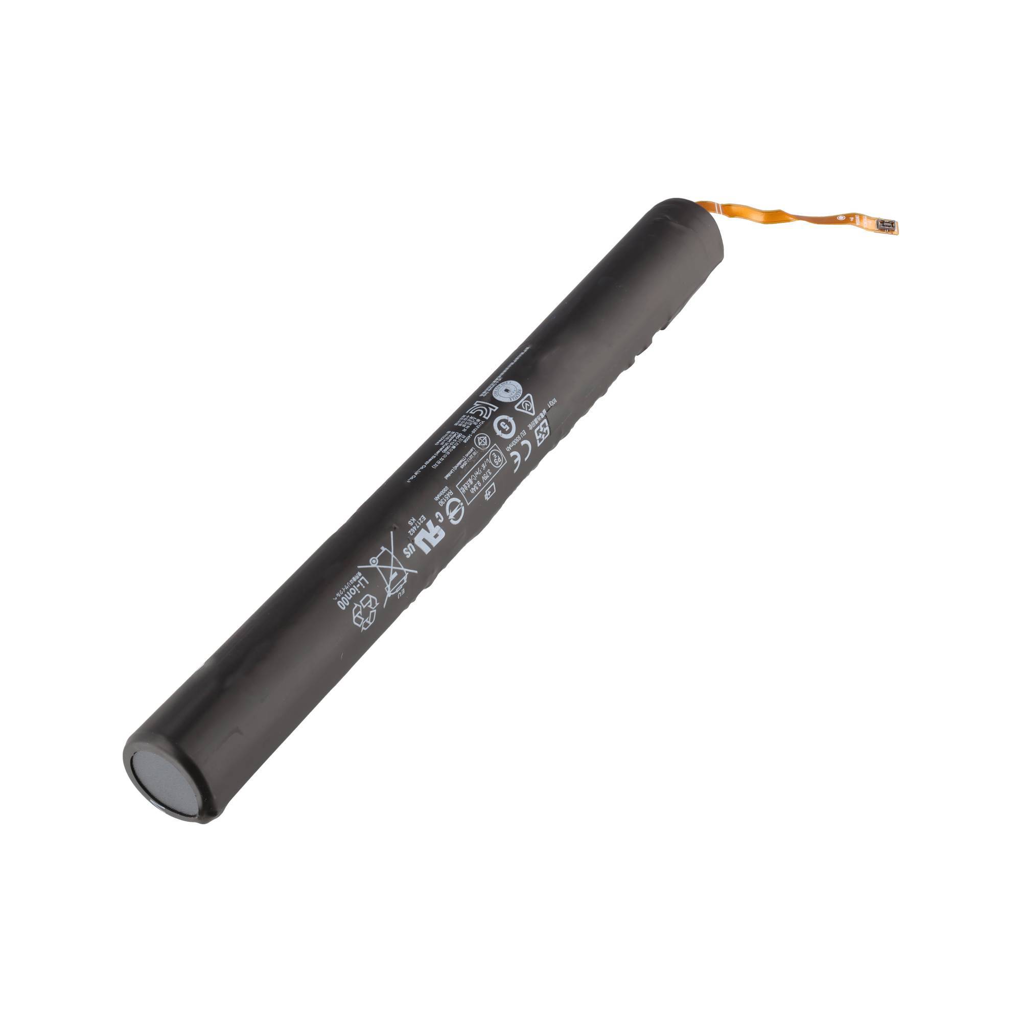 Schwarzes zylindrisches Batteriepack mit gedruckten Etiketten und einem kleinen orangefarbenen Drahtanschluss auf weißem Hintergrund.