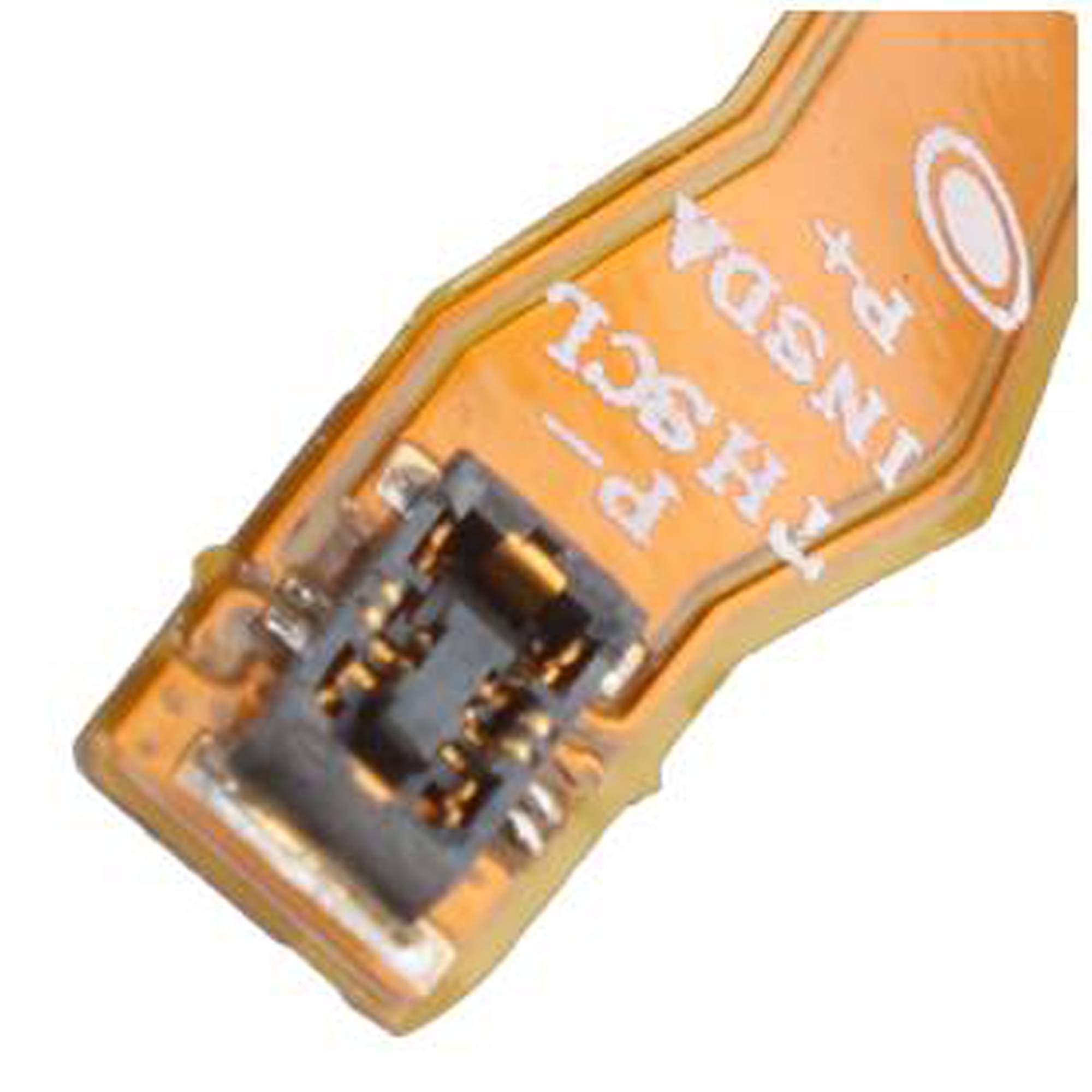Nahaufnahme eines orangefarbenen flexiblen Schaltbandes mit einem kleinen schwarzen Stecker an einem Ende.