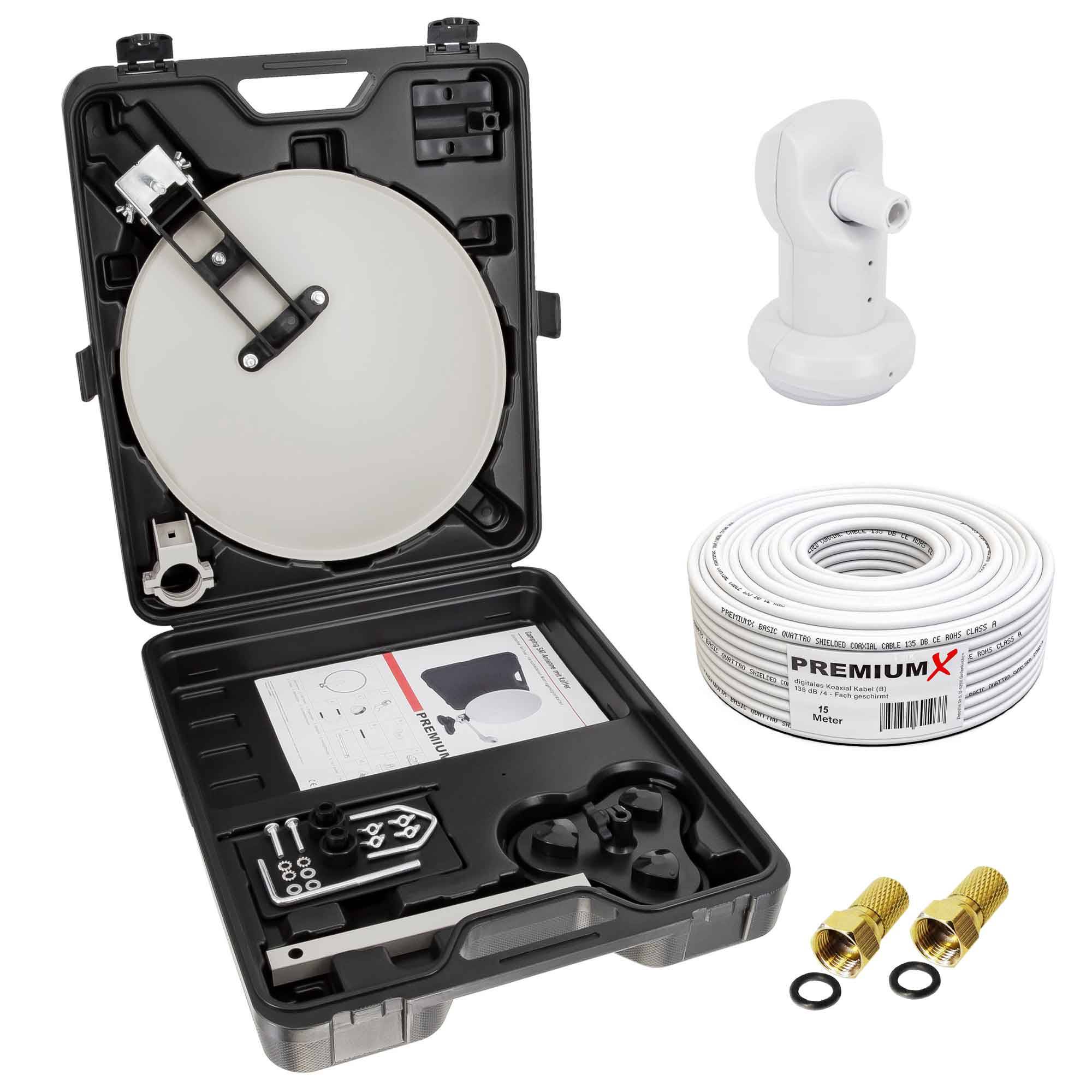 PremiumX Camping SAT-Anlage Satellitenschüssel im Koffer Single LNB 15m Kabel 2x F-Stecker