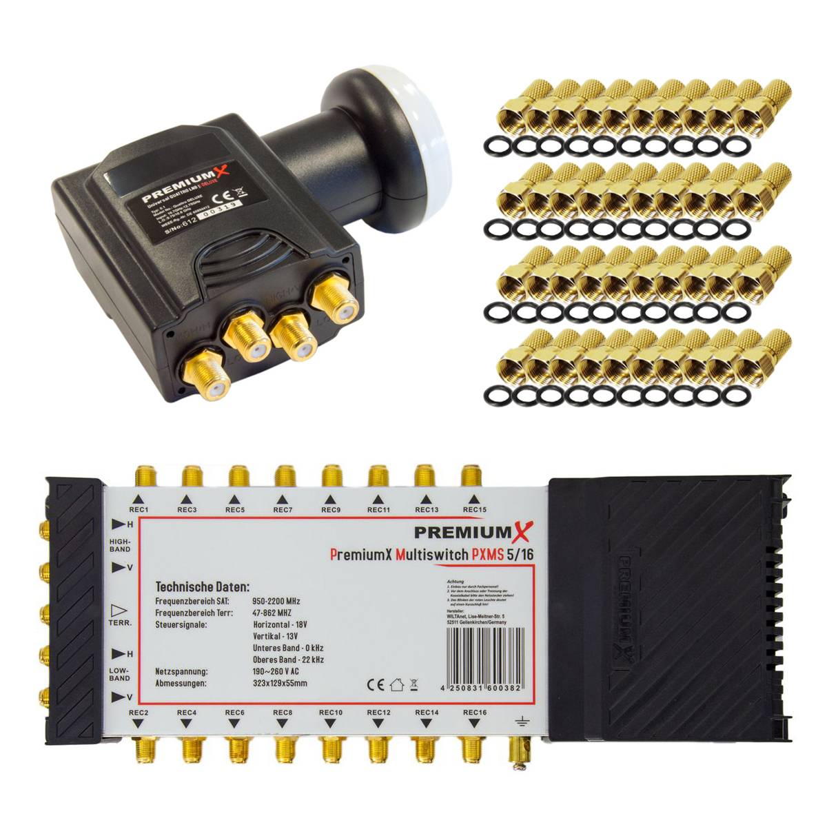 PremiumX Multischalter Set 5/16 Multiswitch Deluxe Quattro LNB 40x F-Stecker, Signalverteiler 1 SAT für 16 Teilnehmer