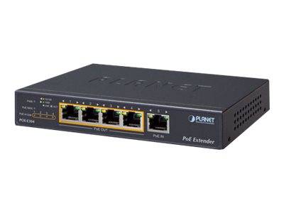 Schwarze PLANET PoE-Verlängerbox mit mehreren Ethernet-Anschlüssen auf der Frontplatte und Status-LEDs.