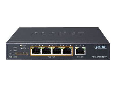 Schwarzes PLANET PoE-Extender-Gerät mit vier PoE-Out-Ethernet-Anschlüssen und einem PoE-In-Anschluss auf der Frontplatte