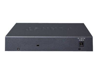 Schwarzes NETGEAR-Netzwerkgerät von vorne gezeigt, mit Stromeingang auf der rechten Seite mit der Bezeichnung „50-56V DC