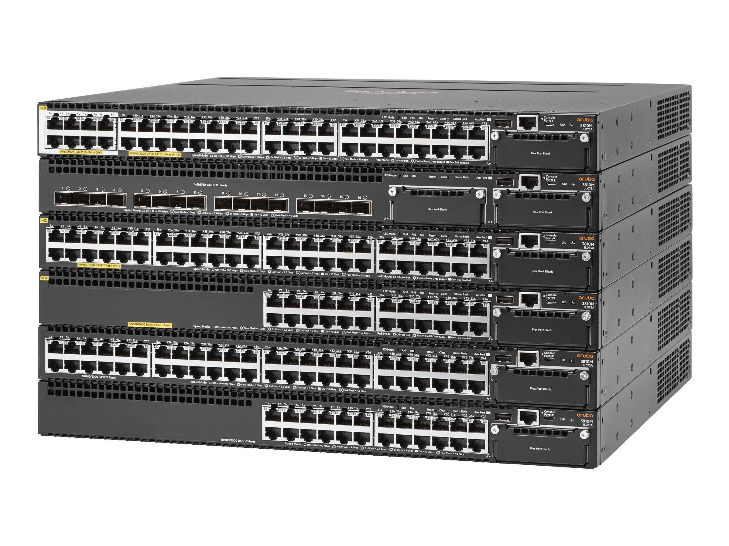 Stapel von schwarzen Netzwerk-Switches mit vielen Ethernet-Anschlüssen und modularen Uplink-Modulen, dargestellt auf weißem Hintergrund.