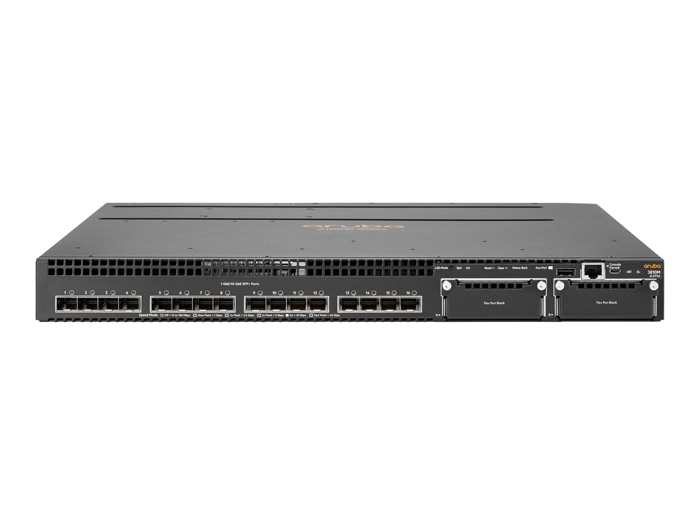 Vorderansicht eines schwarzen, in ein Rack einbaubaren Netzwerk-Switches mit mehreren Ethernet-Anschlüssen und Modularschächten auf der rechten Seite.