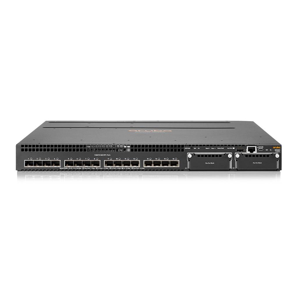 Vorderansicht eines schwarzen Aruba-Netzwerk-Switches mit mehreren Ethernet-Anschlüssen und zwei Modularschächten auf weißem Hintergrund.