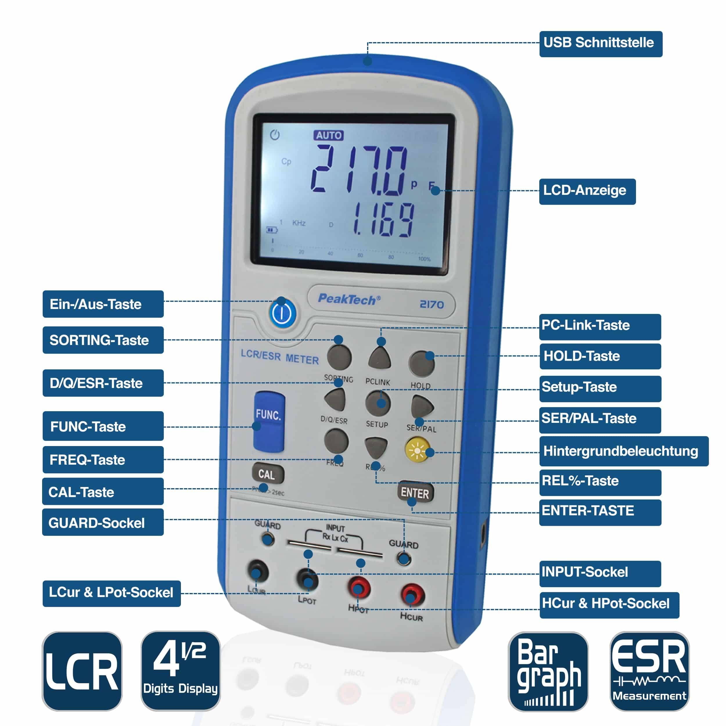 PEAKTECH LCR-/ESR Meter, P 2170, 100 Hz - 100 kHz, mit USB