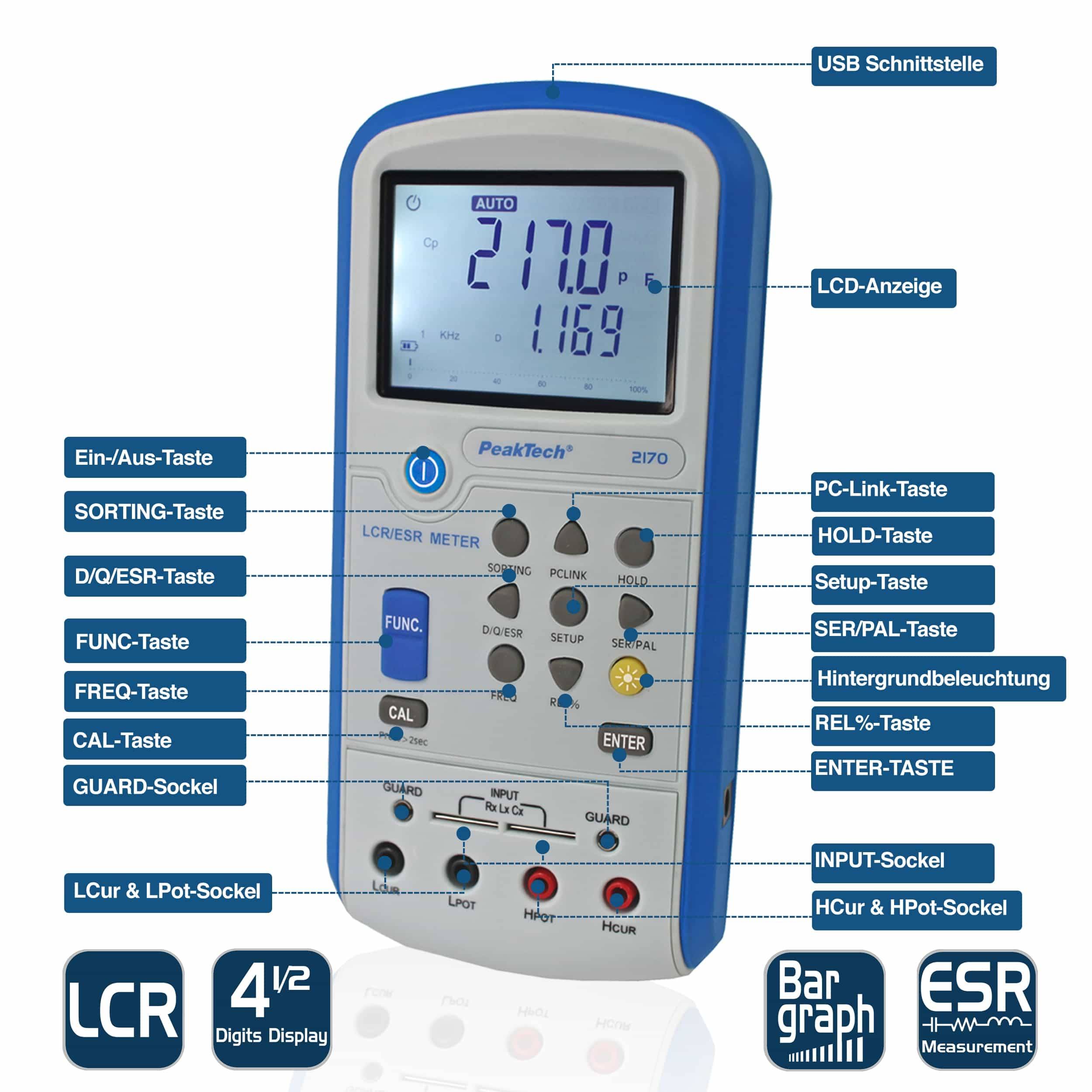 PEAKTECH LCR-/ESR Meter, P 2170, 100 Hz - 100 kHz, mit USB