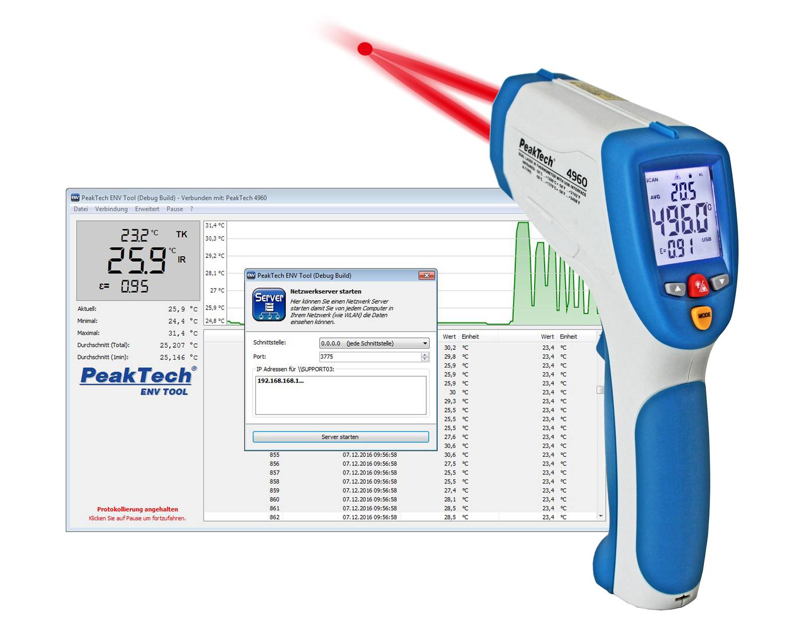 IR-Thermometer ~ -50 … +1200°C ~ 50:1 ~ mit USB-Schnittstelle & Typ-K
