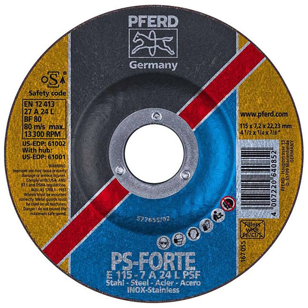 Schruppscheibe - PFERD - für Stahl/INOX - Härtegrad L - Ø 115 mm - Bezeichnung E 115-7 A 24 L PSF/22,23 - Maße (D x U x H) 115 x 7,2 x 22,23 mm -